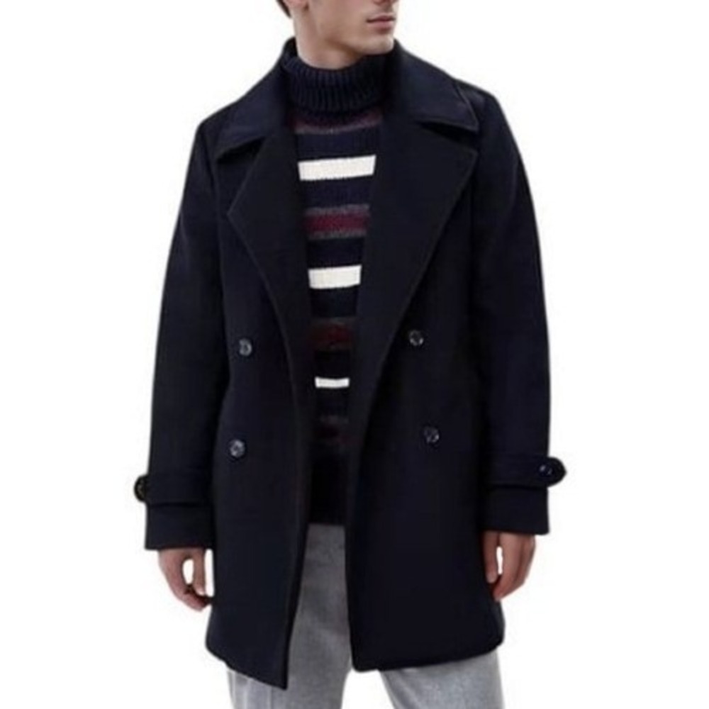 Tommy Hilfiger Mens Pea Coat 42R Navy Blue Double Breasted Dark Academia Preppy